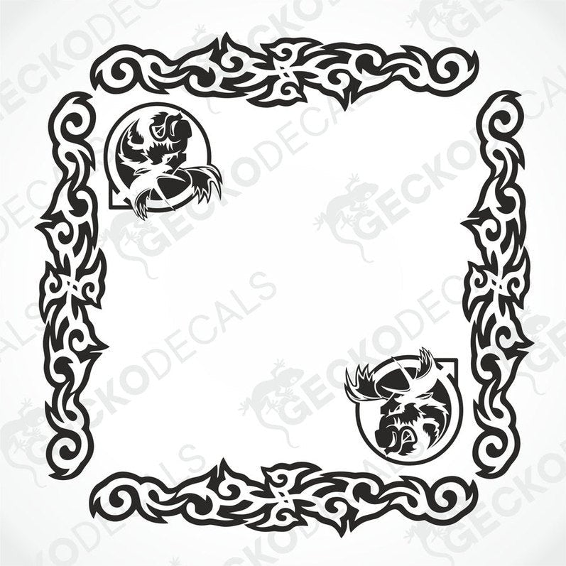 A set of two die cut decals for Volvo vehicles, featuring a moose within a tribal-style frame design, intended for side window placement.