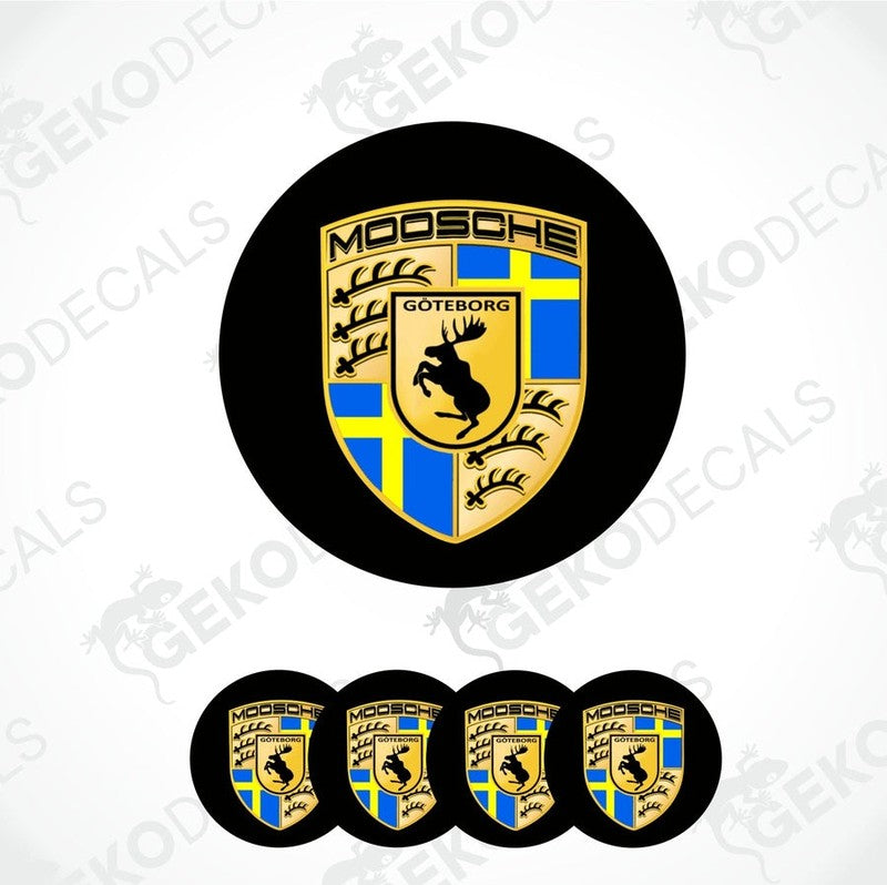 A set of four blue, gold, and white vinyl stickers with a Volvo Moose Sweden theme, designed for use on car decals or wheel caps.