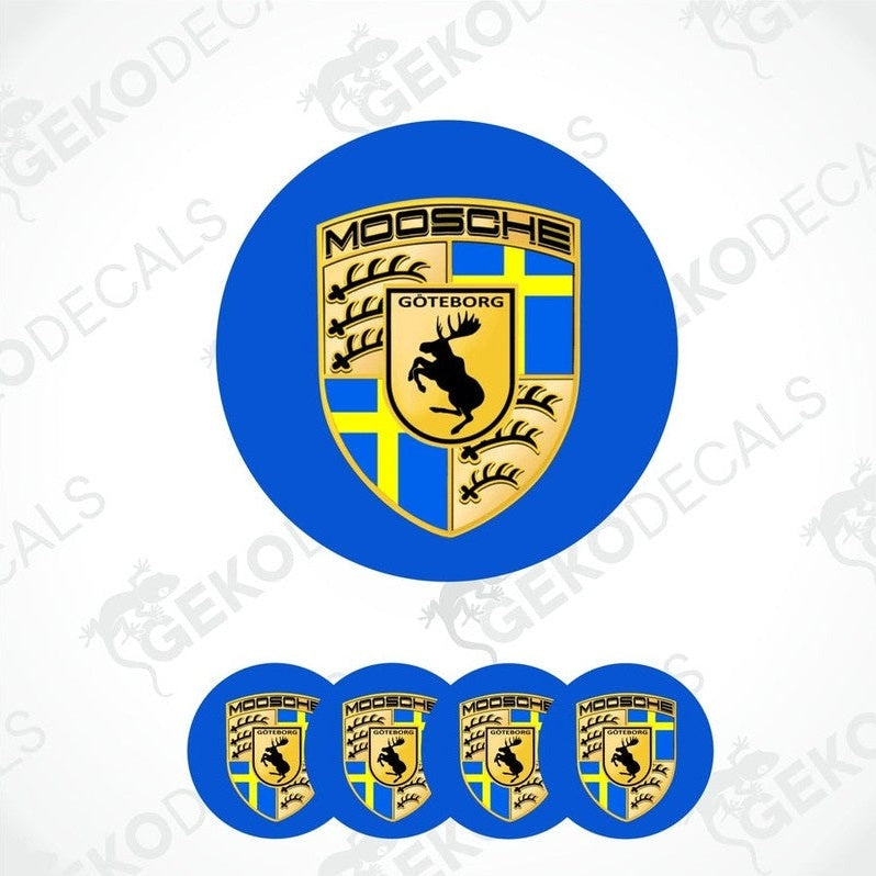 A set of vinyl decals featuring a moose logo on a blue background, intended for use as car stickers.