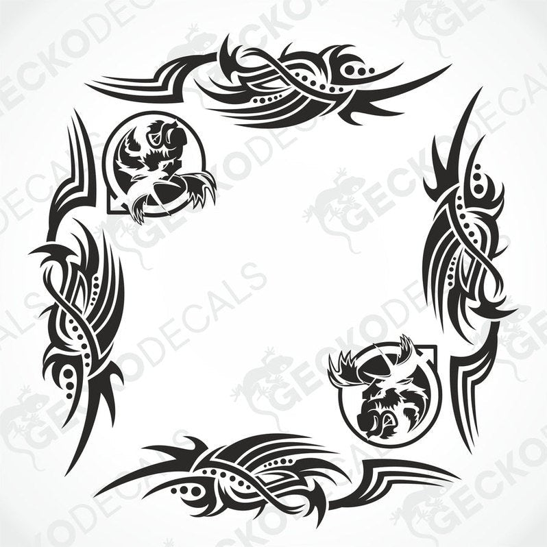 A set of two black tribal design side window decals featuring moose motifs, intended for use on a Volvo truck.