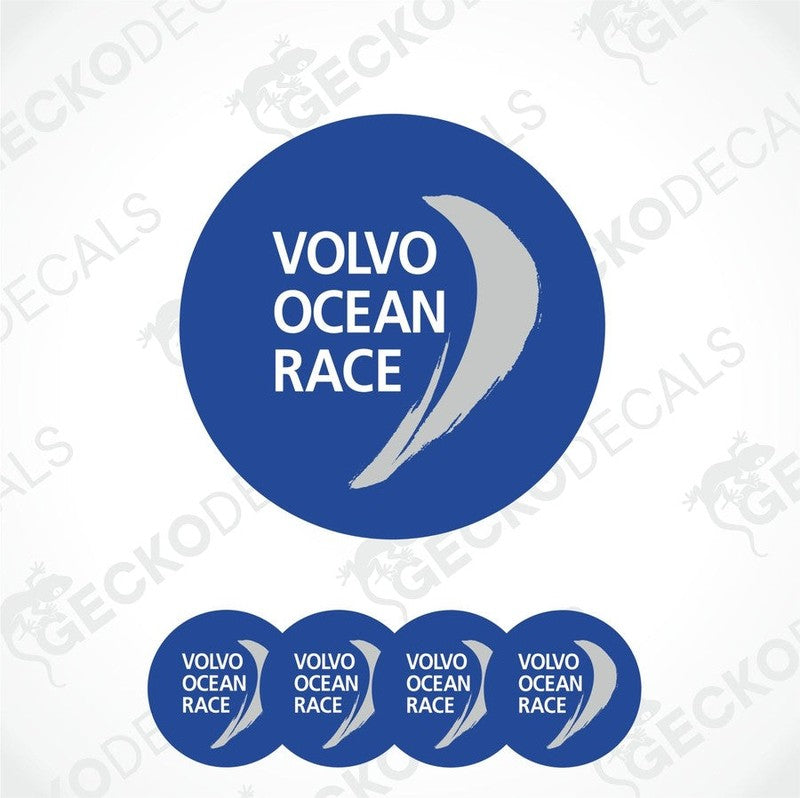 A set of four blue vinyl stickers with the text 'VOLVO OCEAN RACE' and a logo depicting a stylized wave.