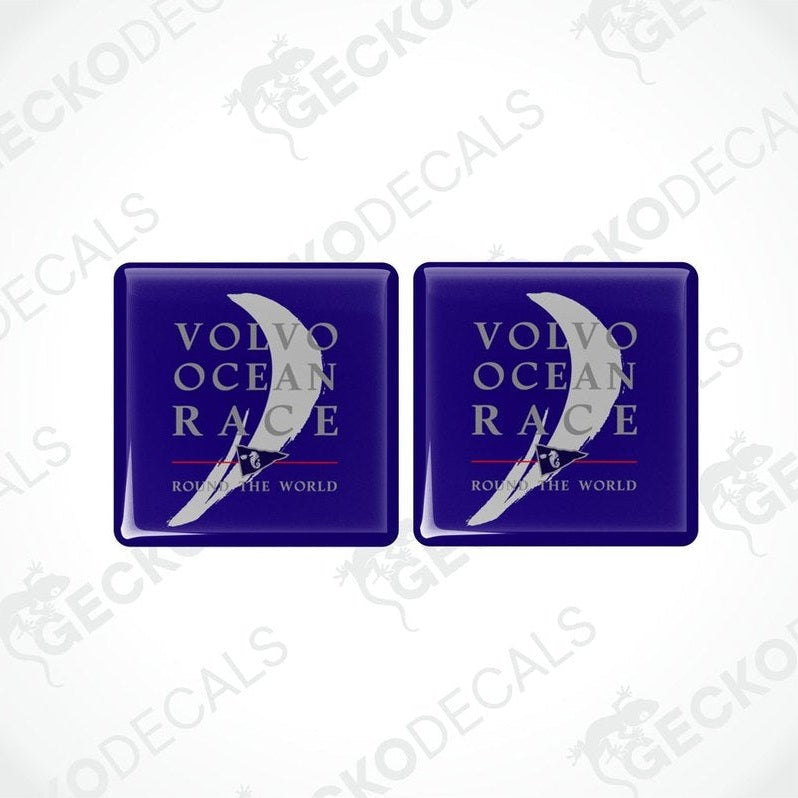 Two blue vinyl stickers with the text 'VOLVO OCEAN RACE ROUND THE WORLD' and a graphic of a sailboat.
