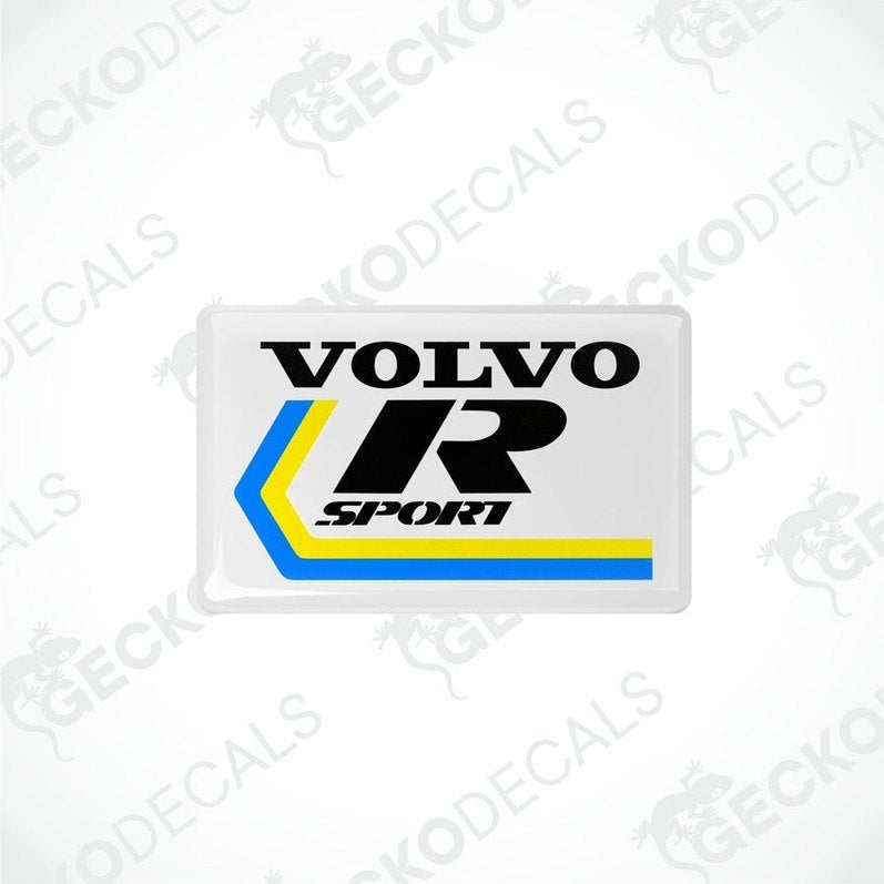 Blue and yellow vinyl stickers with the Volvo R Sport branding.