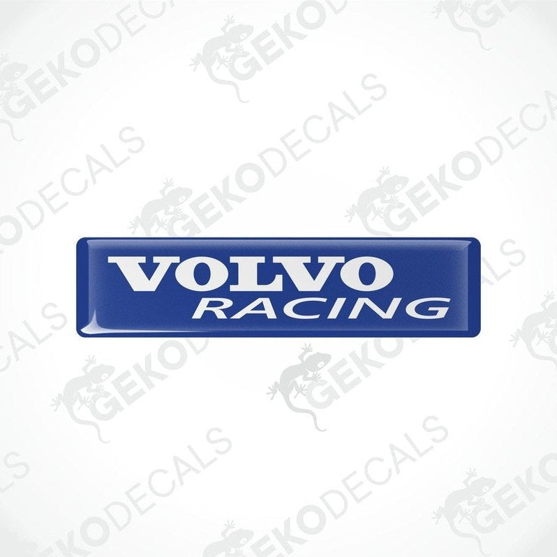 Two blue vinyl stickers with the text 'VOLVO RACING' in withe font, placed against a white background.