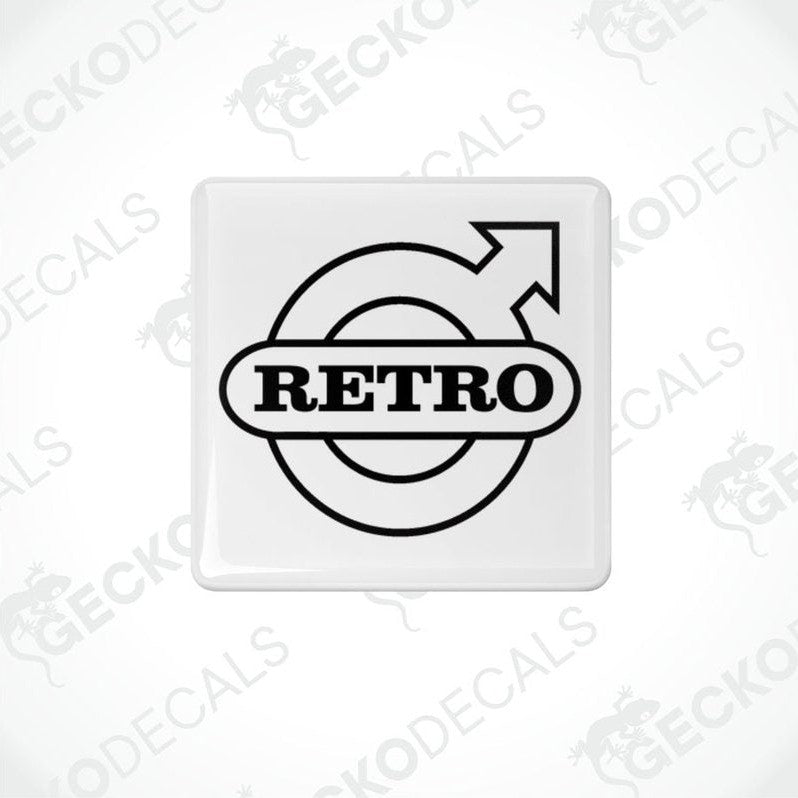 Withe vinyl stickers with the word 'RETRO' and a circular graphic symbol in black.