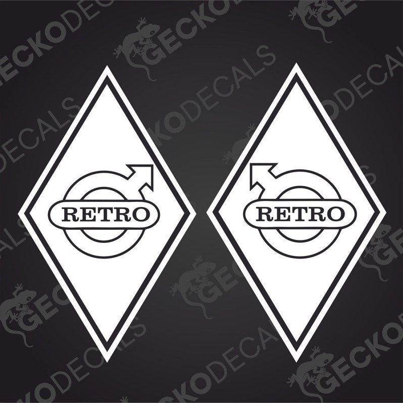 Two white vehicle decals with the word 'RETRO'