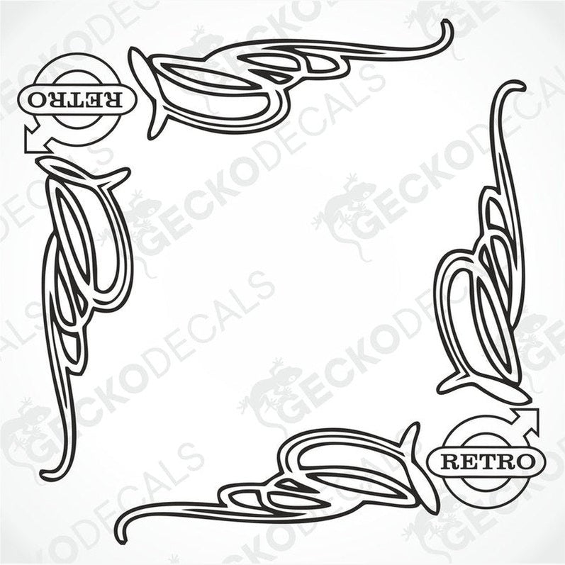 A set of four black retro-style side window decals with intricate white line designs, intended for use on vehicles.