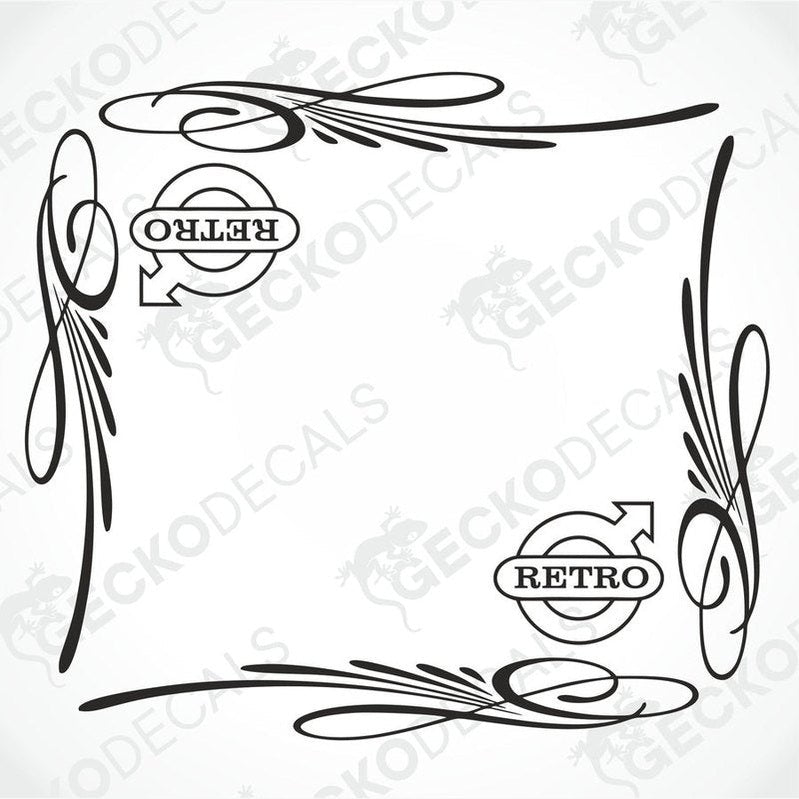 A pair of black retro styled side window decals for a Volvo vehicle, featuring decorative elements and the text 'Retro' and 'OHLM'.