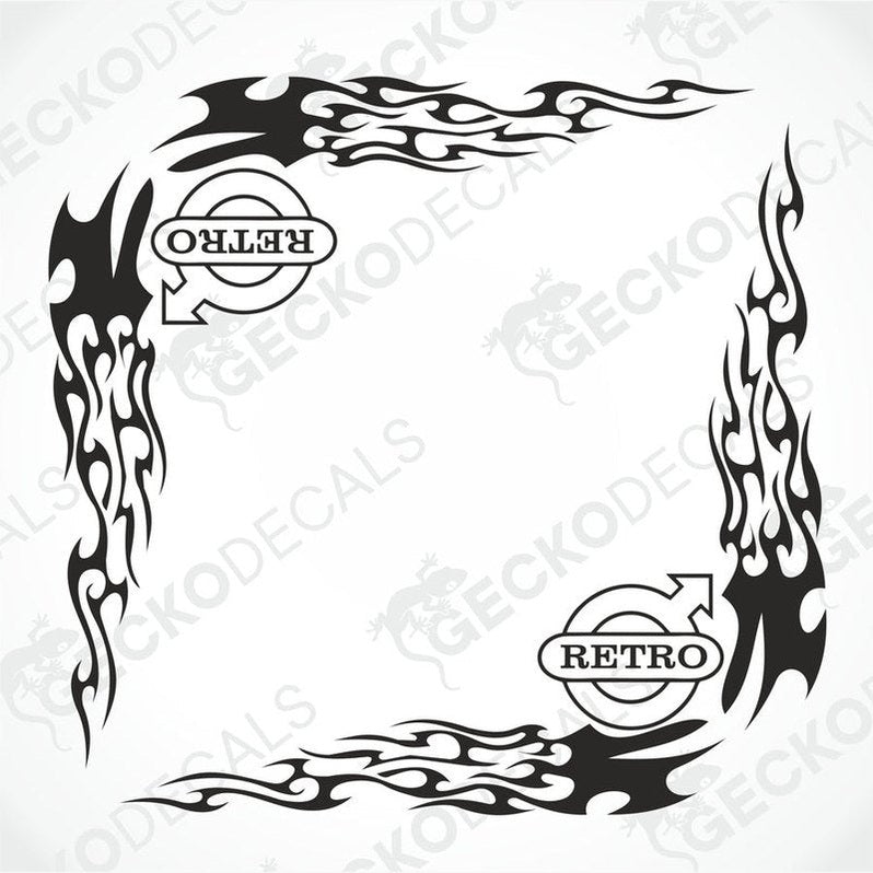 A pair of black tribal patterned side window decals for a Volvo vehicle, with 'Retro' text included.