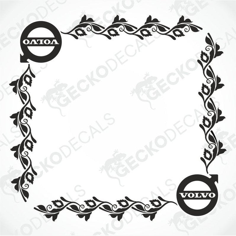 A pair of black and white side window decals with a floral pattern and the Volvo brand logo.