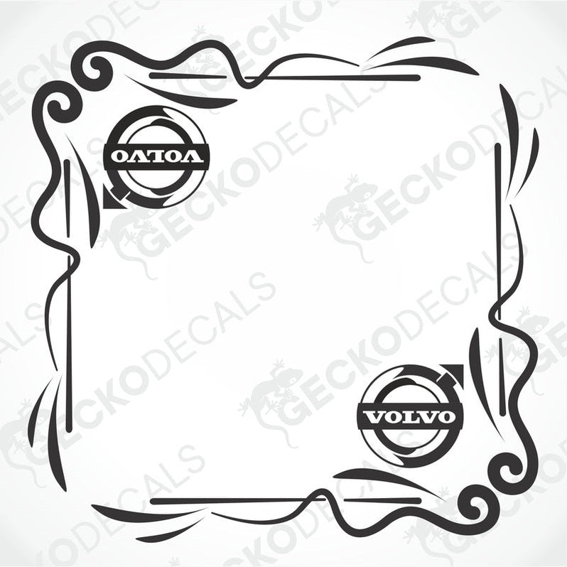 A black decorative border image of a Volvo side window decal with the Volvo logo.