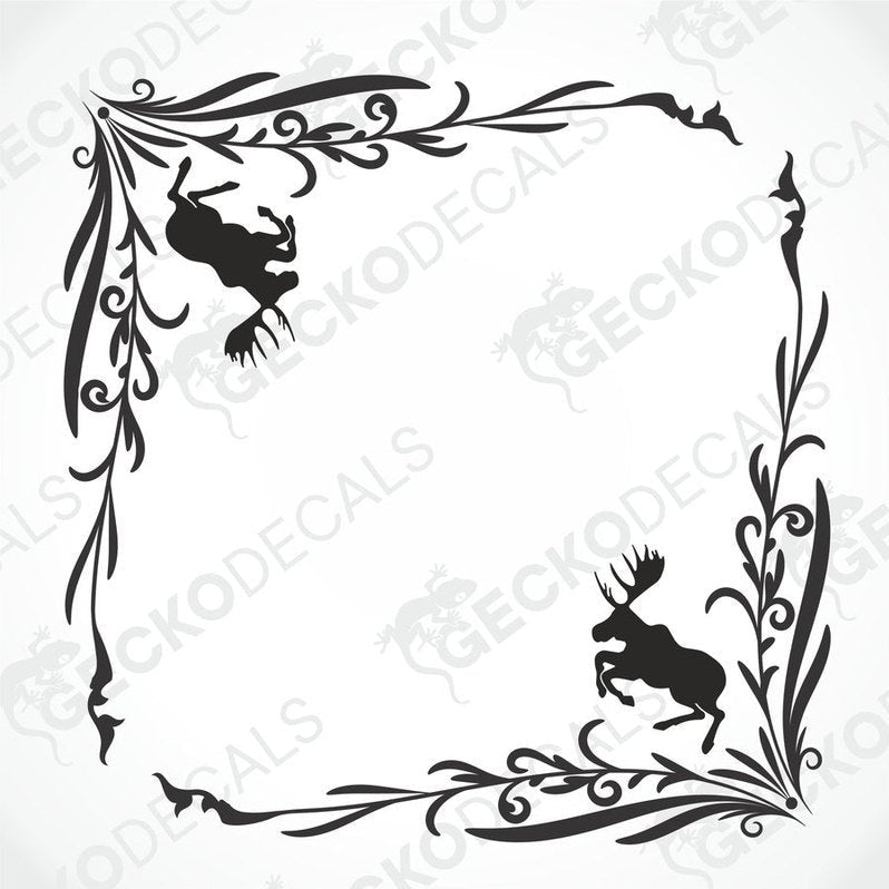 A set of two black and white die cut stickers depicting moose, intended for use on side windows of a vehicle.