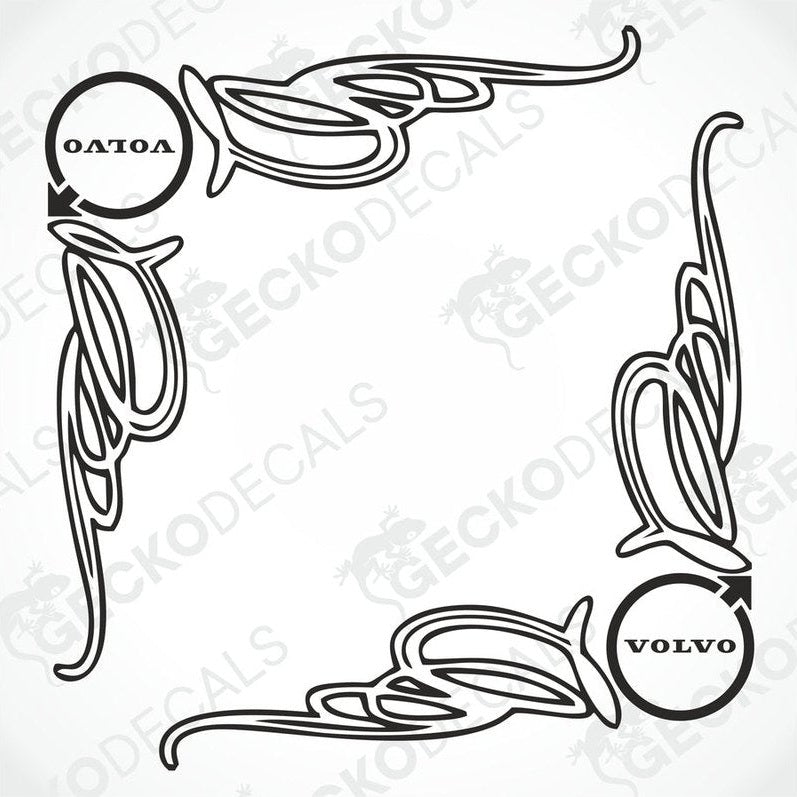 A pair of black and white side window decals for a Volvo truck, featuring decorative swirls and the Volvo logo.