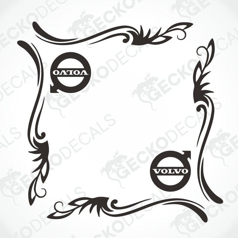A pair of black and white decorative side window decals for a Volvo vehicle, featuring floral patterns and the Volvo brand logo.