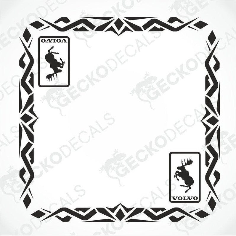 A black and white image of a die cut decal with a moose design and the Volvo brand logo, intended for use as a side window decal for a truck.