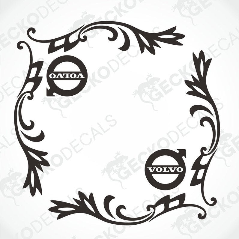 A pair of black side window decals for a Volvo truck, featuring decorative elements and the Volvo brand logo.