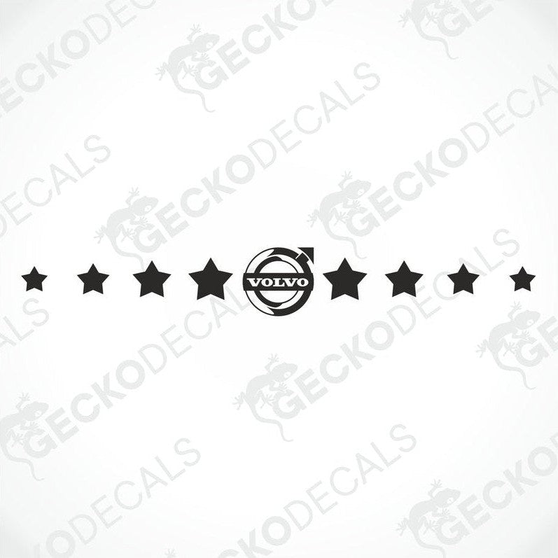 A front view of a Volvo truck windscreen with a die cut decal of stars displayed on it.