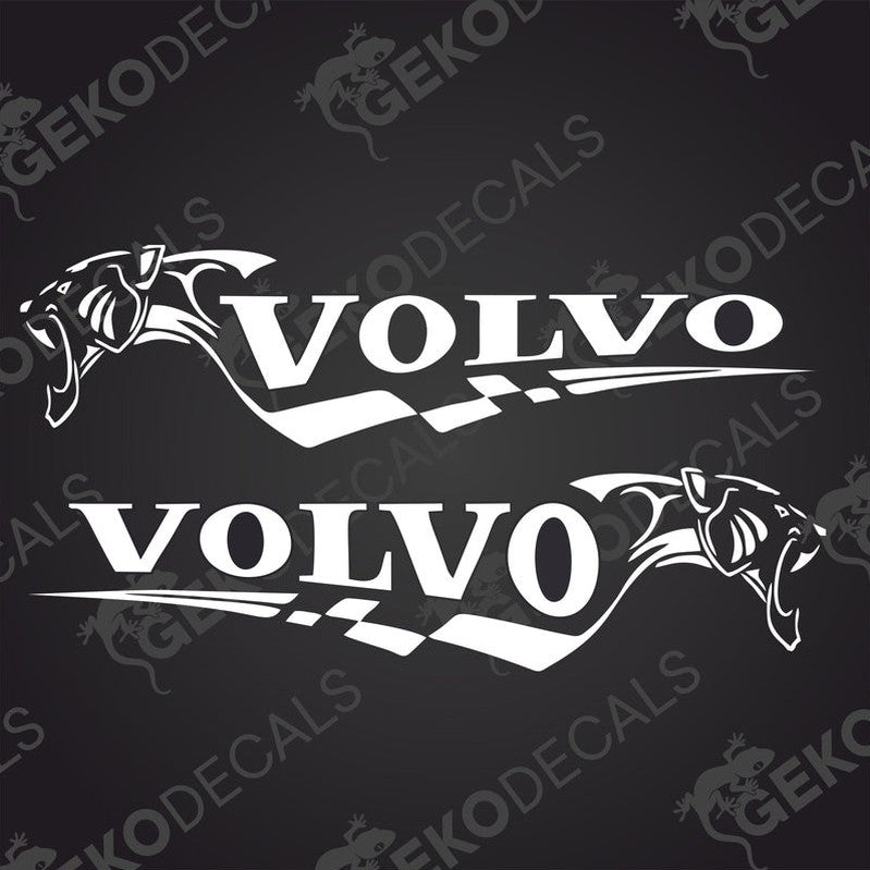 Two black decals with the word 'VOLVO' and a tiger graphic design.