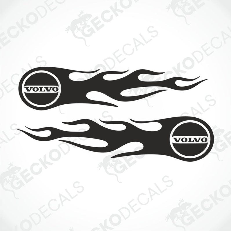 A pair of black and white tribal flame design stickers with the Volvo logo, intended for vehicle customization.