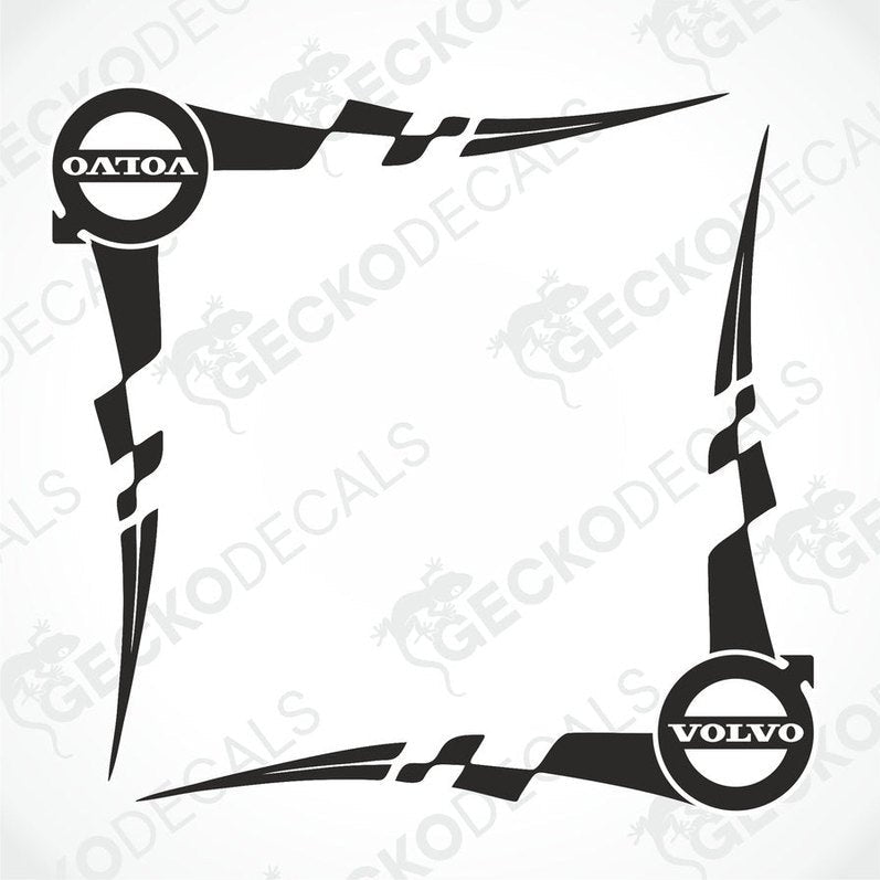 A pair of die cut black and white tribal pattern side window decals with Volvo branding.