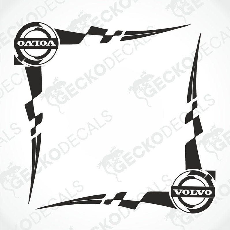 A pair of die cut black and white tribal design side window decals with Volvo branding, intended for use on vehicles.