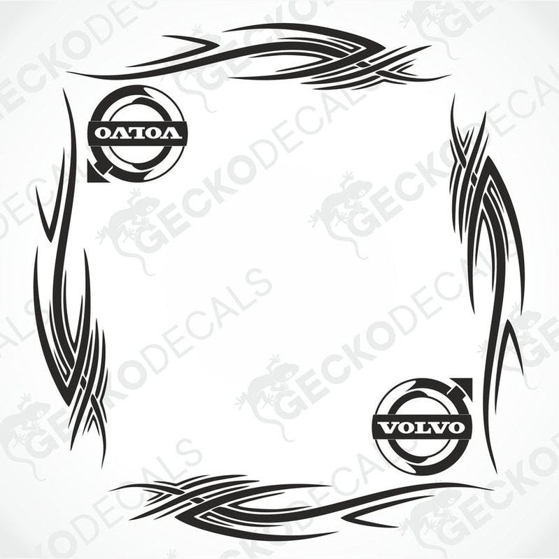 A set of black tribal patterned side window decals with the 'Volvo' and 'DAF' logos.