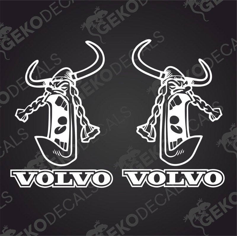Two white stickers with the word 'VOLVO' and a Viking helmet design, one on each side, on a black background.