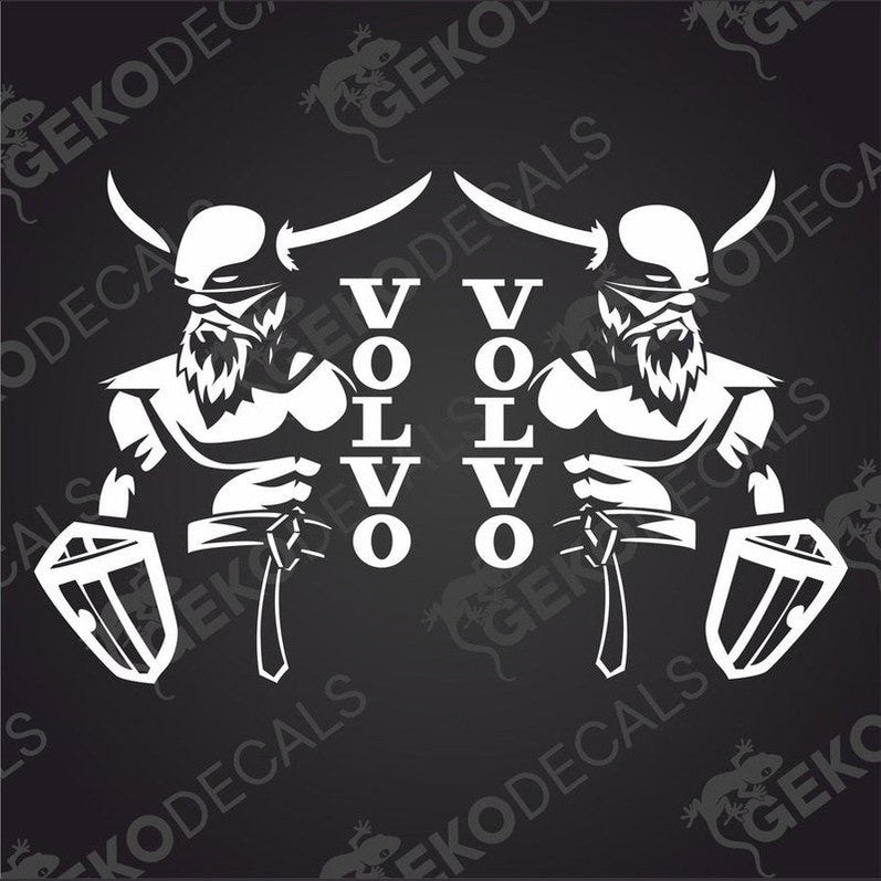 Two black and white decal stickers depicting Viking helmets, suitable for use on vehicles.VOLVO