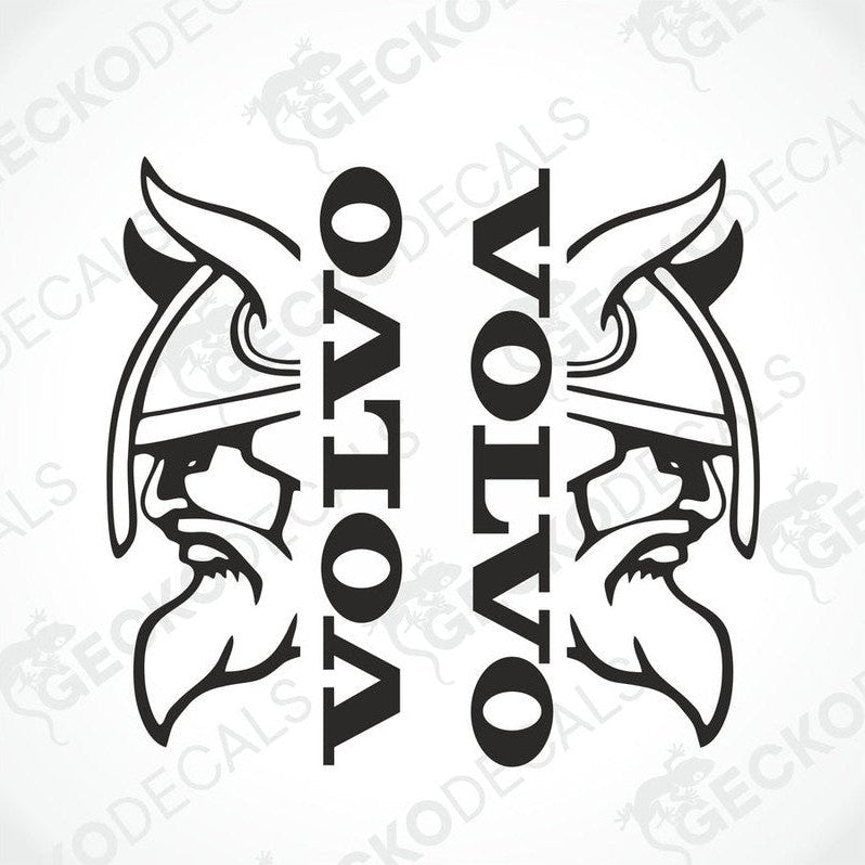 Two black and white sticker designs featuring stylized text 'VOLVO' with Viking helmet motifs on each side.