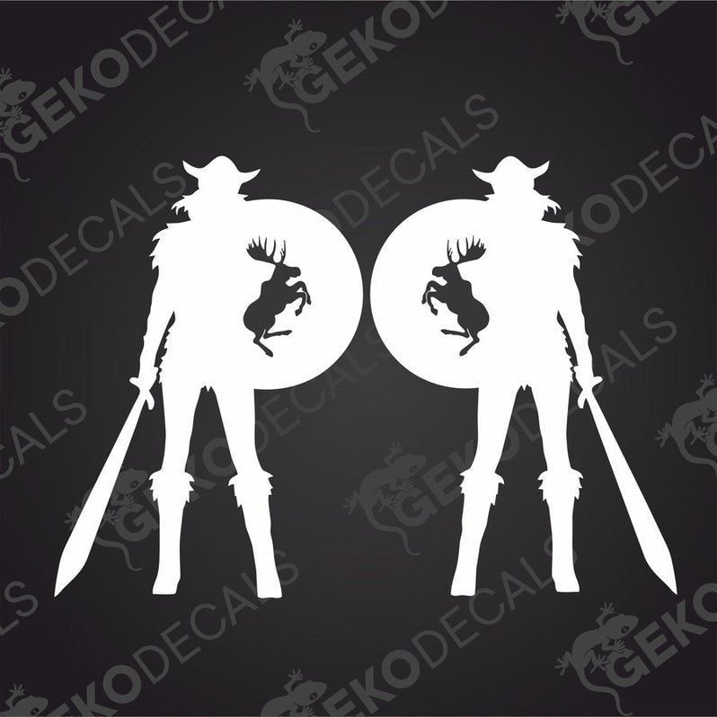 A pair of white silhouette stickers depicting a Viking girl holding a moose head, designed for use as vehicle decals.