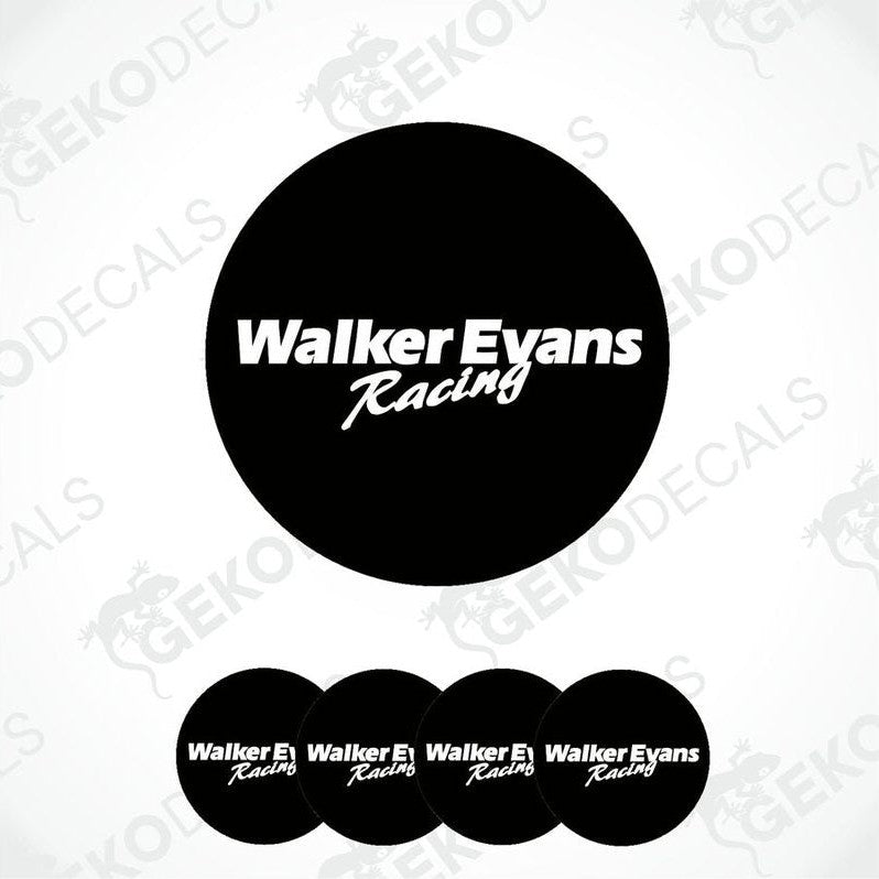 A set of vinyl decals with 'Walker Evans Racing' text, depicted in black and white color.