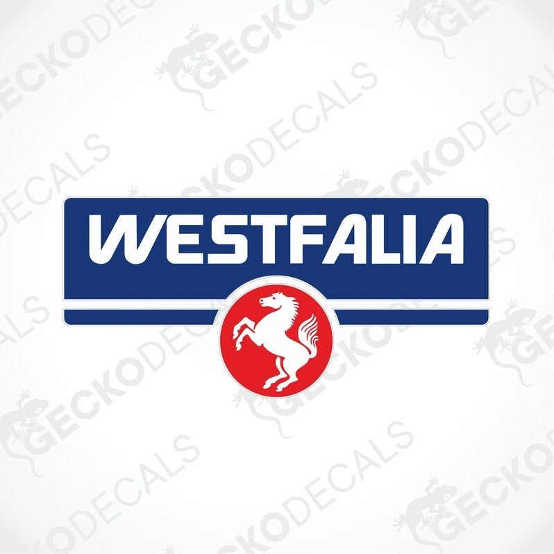 Westfalia caravan decal with blue background, white text, and red horse emblem