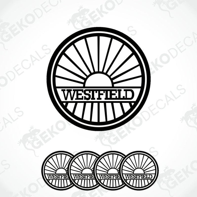 A set of four black and white vinyl decals with the text 'WESTFIELD' on them, presented in a circular arrangement.
