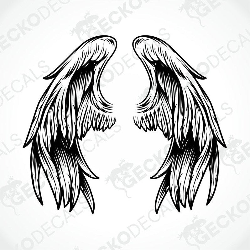 A pair of black and white angel wings decals on a white background.