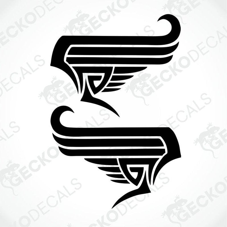 A pair of black tribal wing decals designed for use on vehicles.