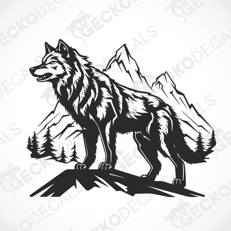 A black and white decal of a wolf in a mountainous landscape, positioned on the side of a white vehicle.
