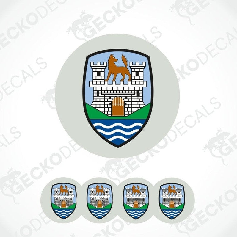 Set of four circular decals with a coat of arms design on a white background.