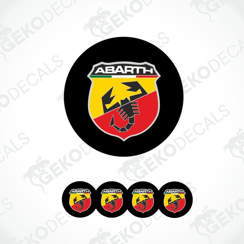 A set of four round vinyl stickers with a geometric design featuring the ABARTH logo in red, yellow, and black colors.
