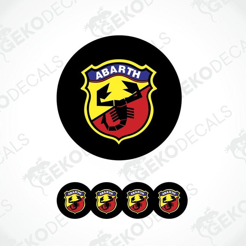 A set of four round vinyl stickers with a geometric design featuring the ABARTH logo in red, yellow, and black colors.