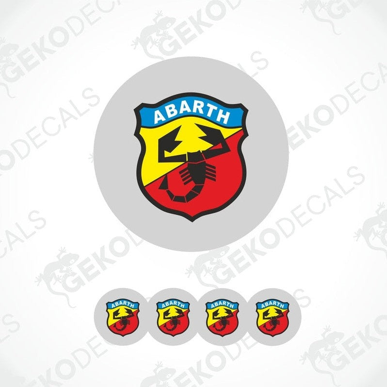 A set of four round car decals with the Abarth logo, featuring a red and yellow shield with a scorpion emblem in the center.