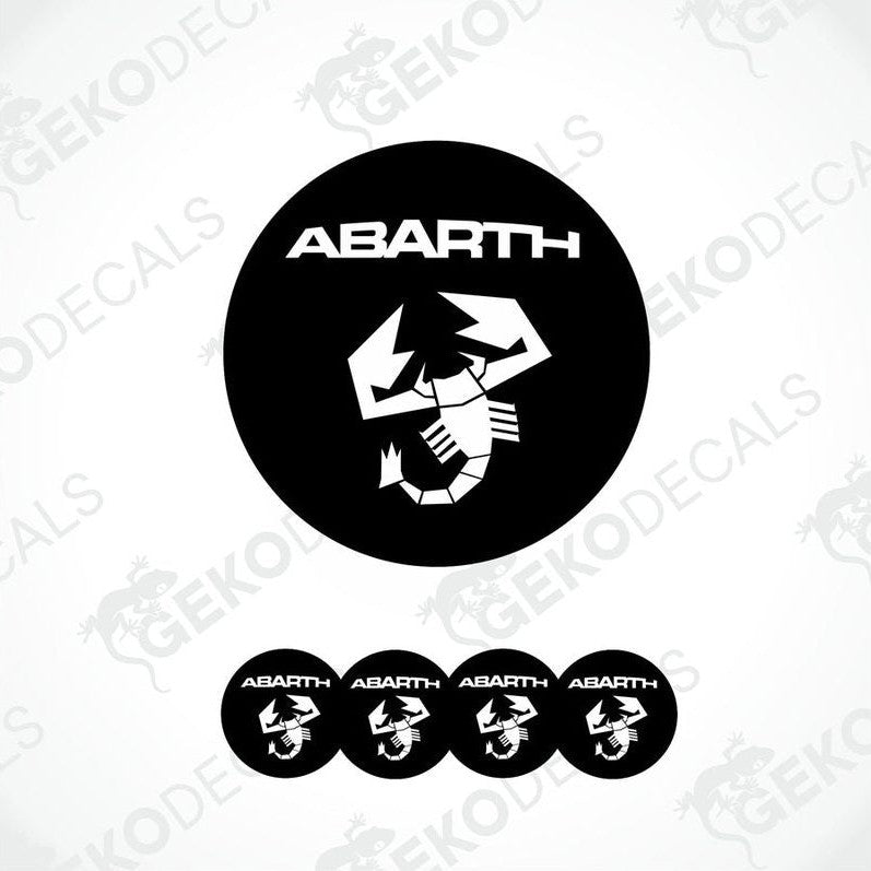 A set of four black and white vinyl stickers with the word 'ABARTH' printed