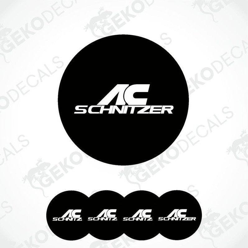 A set of four black vinyl stickers with 'AC SCHNIZER' branding in white.