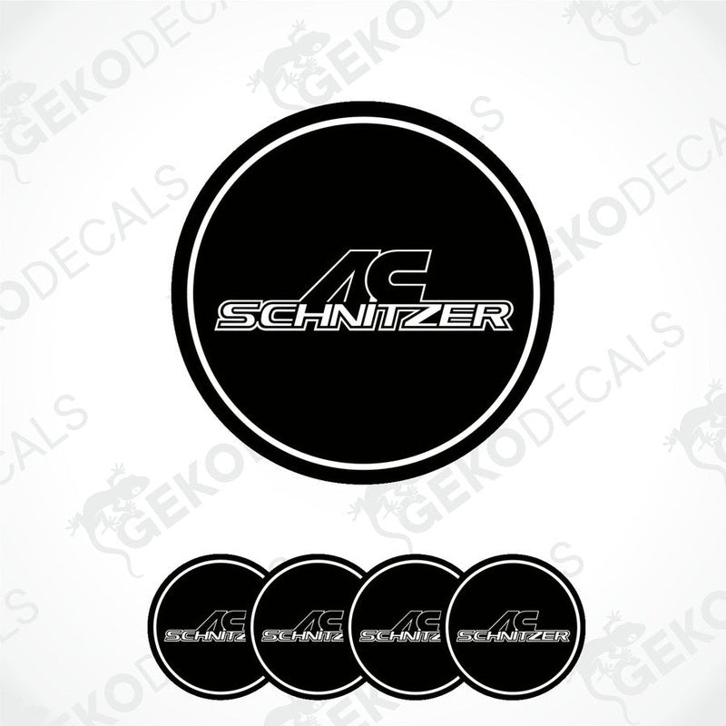 A set of four black and silver AC Schnizer vinyl decals with a polyurethane coating, designed for use as car wheel decals.