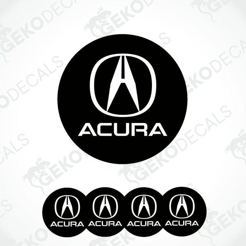 Set of four black round car decals with the Acura logo in white.