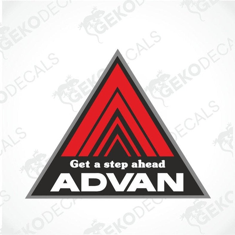 Text Get a step ahead with big letters ADVAN in a grey, black and red colored triangle.