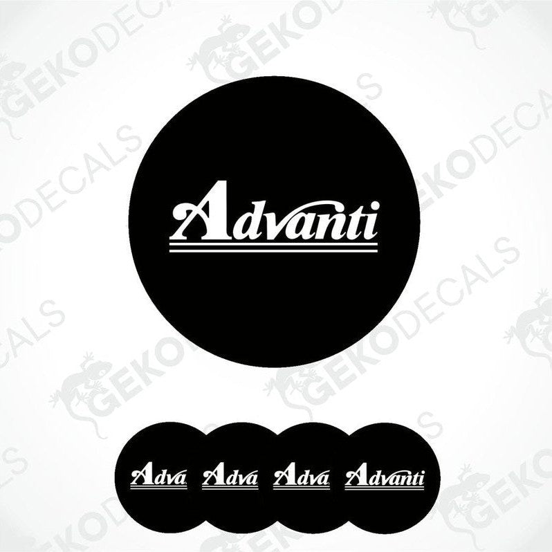 A set of four black vinyl decals with the white text 'Advanti' on them, arranged in a square formation.