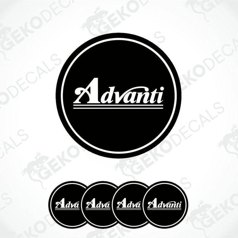 A set of four black vinyl decals with the white text 'Advanti' on them, arranged in a square formation.