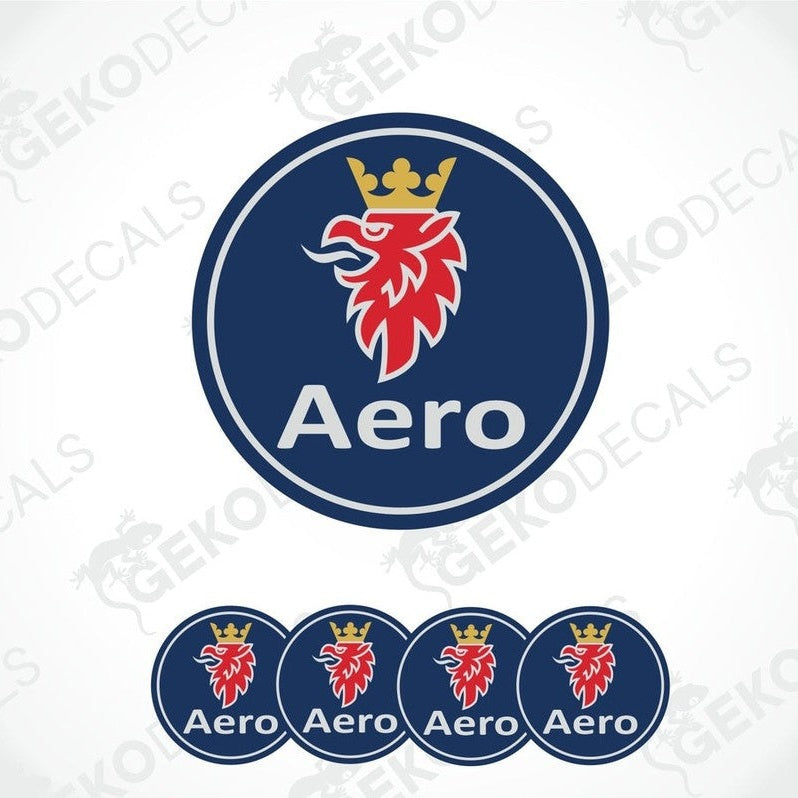 A set of four blue, red, and white car decals featuring the SAAB AERO logo.