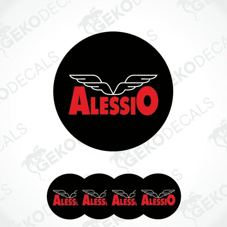 Set of four round car decals with the brand name 'Alessio' written in red on a black background with a winged logo.