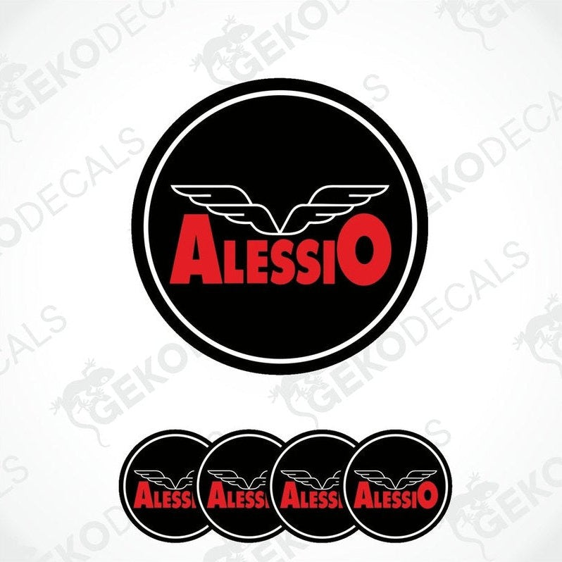 Set of four round car decals with the brand name 'Alessio' written in red on a black background with a winged logo.